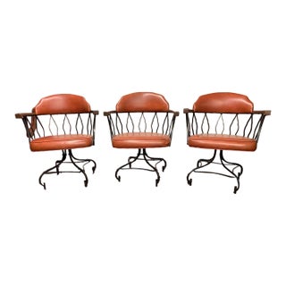 Mid 20th Century Mid Century Black Painted Cast Iron Swivel and Maroon Vinyl Armchairs - Set of 3 For Sale