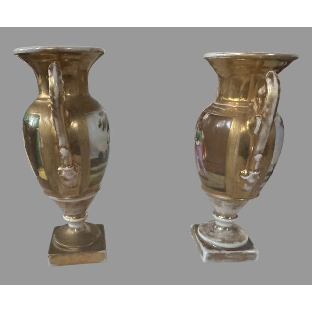 Pair of Antique Old Paris Porcelain Portrait & Scenic Gilt Decorated Miniature Cabinet 6.5" Vases For Sale - Image 9 of 12