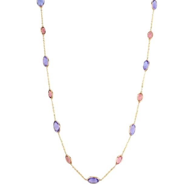 Unique Tanzanite and Tourmaline Station Necklace Crafted in 18k Yellow Gold For Sale
