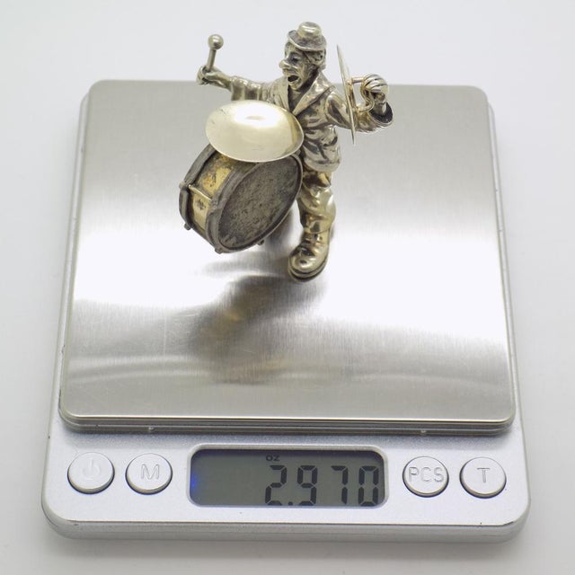 Vintage Italian Handmade Genuine Silver Angini Branded Circus Musician with Drums, 1970s For Sale - Image 12 of 14