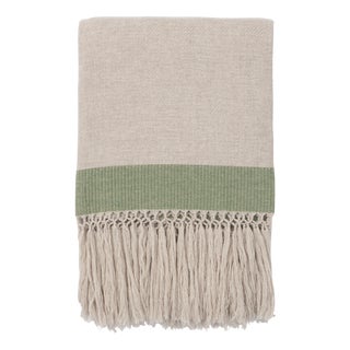 Merino Wool Fringed Green-Banded Throw by Villa Como For Sale