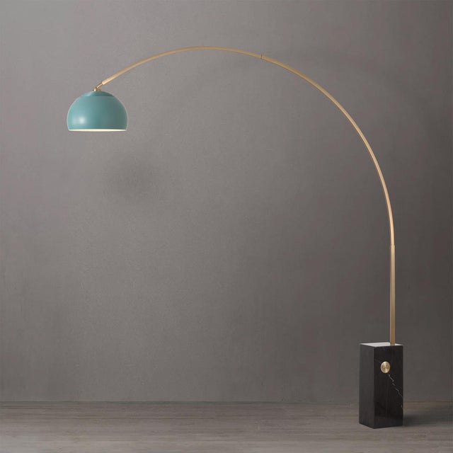 Metal Iconic 95" Arc Floor Lamp, Mid-Century Modern, Weathered Brass, Pool Blue Shade For Sale - Image 7 of 9