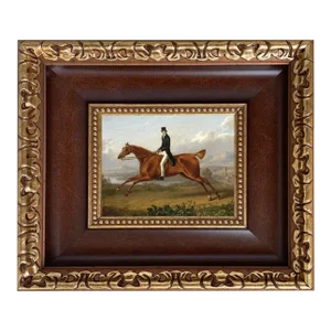 Gentleman on a Galloping Chestnut Horse 5x6" Print on Canvas in Wide Brown and Antiqued Gold Frame