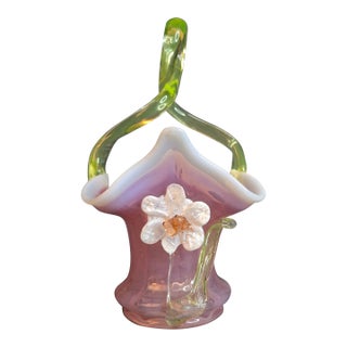 Antique Stevens & Williams Art Glass Basket - Pink Opalescent Cased Glass - Applied Flower & Stem - Uranium Vaseline Glass Handle - Circa 1880s For Sale