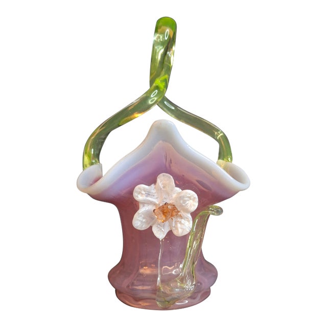 Antique Stevens & Williams Art Glass Basket - Pink Opalescent Cased Glass - Applied Flower & Stem - Uranium Vaseline Glass Handle - Circa 1880s For Sale