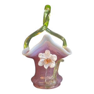 Antique Stevens & Williams Art Glass Basket - Pink Opalescent Cased Glass - Applied Flower & Stem - Uranium Vaseline Glass Handle - Circa 1880s