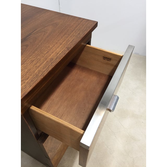 Pair of Walnut Three Drawer Nightstands With Burl Fronts and Silver Accents by National Mt. Airy For Sale - Image 10 of 14