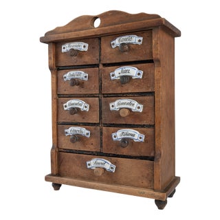 Vintage Spanish Rustic Wooden Spice Rack with Ceramic Labels, 1930s For Sale