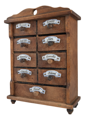Vintage Spanish Rustic Wooden Spice Rack with Ceramic Labels, 1930s