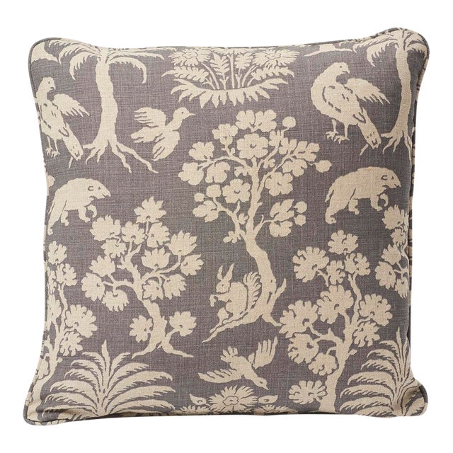 Schumacher Woodland Silhouette Print Double-Sided Linen Pillow in Steel For Sale