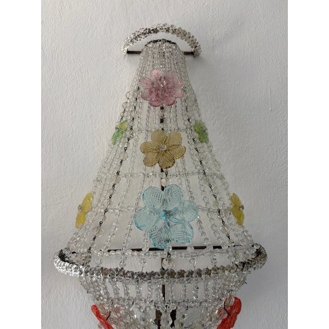 Huge Beaded Colorful Murano Flowers Sconces, Circa 1940 Italian One of a Kind - a Pair For Sale - Image 4 of 14