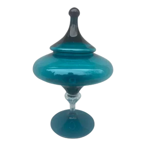 Vintage Empoli Teal Glass Lidded Candy Dish