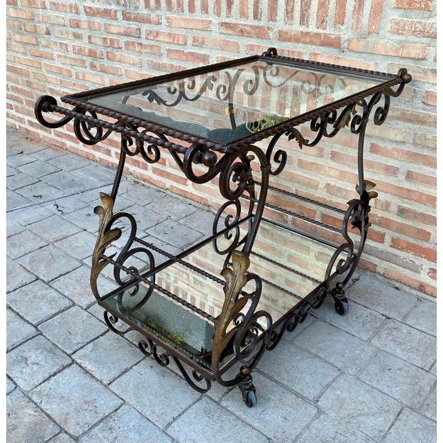Metal 19th Century French Table Iron Bar Cart with Wheels and Two Mirror Tops For Sale - Image 7 of 18
