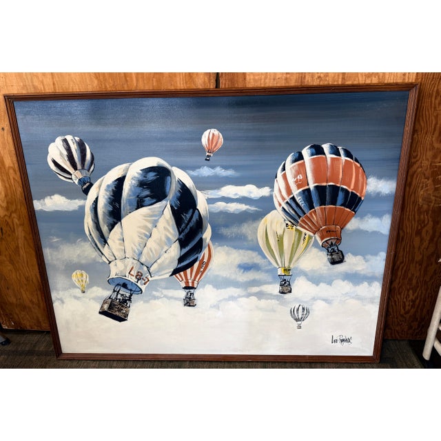 X- large, vintage mid-century modern oil painting depicting hot air balloons drifting through a cloudscape. The signature...