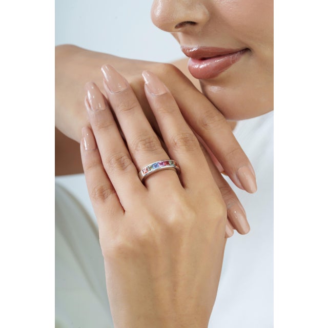 Bochic Rainbow 1.31 Ct Multi Sapphire Statement Band Ring in 925 Silver Size 9 For Sale - Image 4 of 13