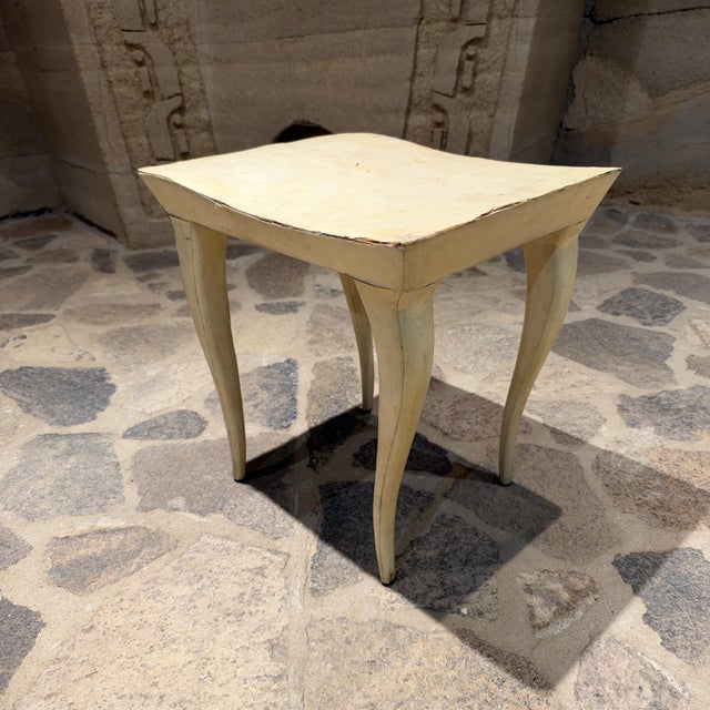 For your consideration, a vintage parchment vanity stool or bench designed by R & Y Augousti from Paris, featuring a...