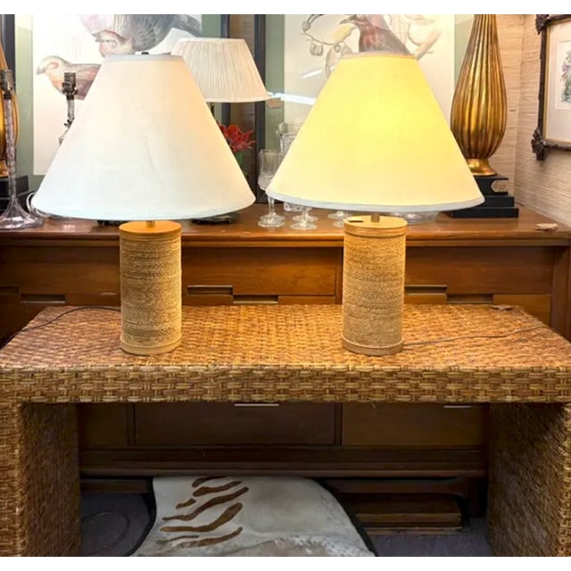 Mid-Century Modern Vintage Waterfall Console Table in a Woven Wicker, Raffia Basketweave Design For Sale - Image 3 of 9