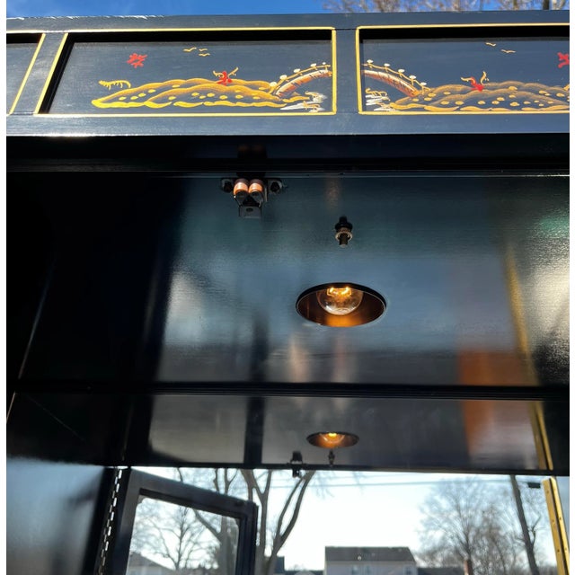 1970s Jasper Cabinet Co. Chinoiserie Black Lacquer Hand Painted Drop Down Mirror Back Bar and Desk For Sale - Image 10 of 12