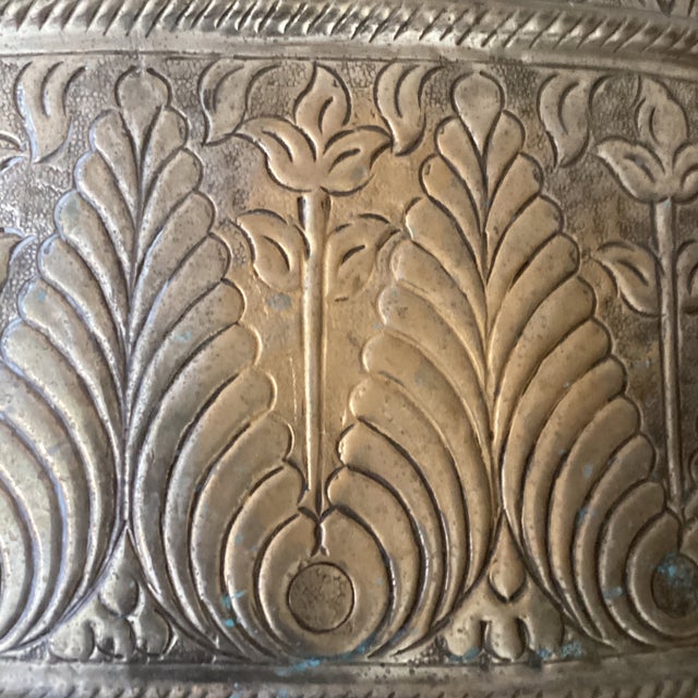 Mid 20th Century Vintage Middle Eastern Silver on Brass Embossed Floral Pattern Oval Jardinière/Planter W/Handles For Sale - Image 5 of 12