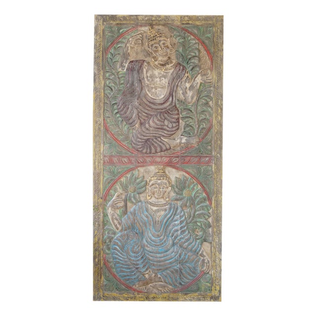 Colorful Vintage Buddha Carved Wall Panel – Handcrafted Spiritual Accent Wall Art 83x36 For Sale