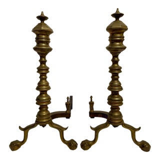 Pair Federal Beehive Ball Claw Brass Andirons For Sale