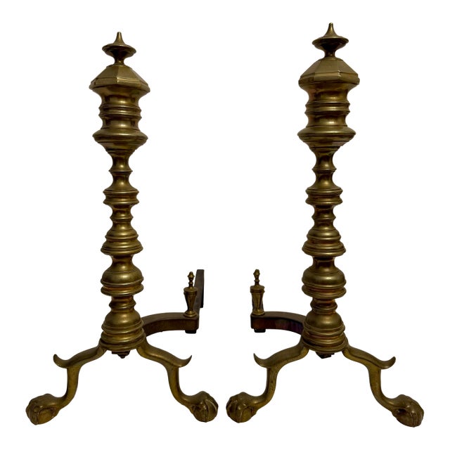 Pair Federal Beehive Ball Claw Brass Andirons For Sale