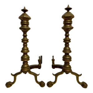 Pair Federal Beehive Ball Claw Brass Andirons