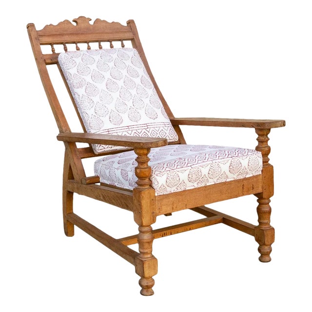 Antique Block Printed Teak Plantation Chair For Sale