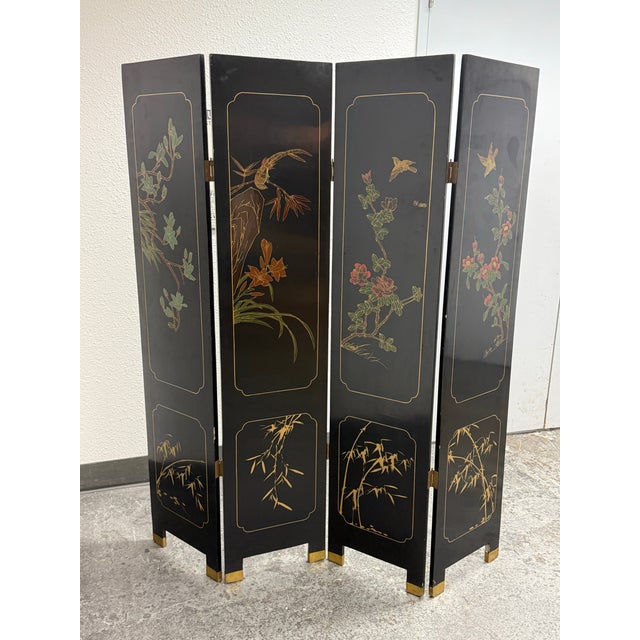 Design Plus Gallery presents Vintage Chinese Black Lacquer Four-Panel Folding Screen with Soapstone Inlay. This vintage...
