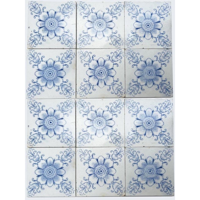 Art Deco White and Blue Flower Glazed Tiles by Le Glaive, 1920 For Sale - Image 6 of 14