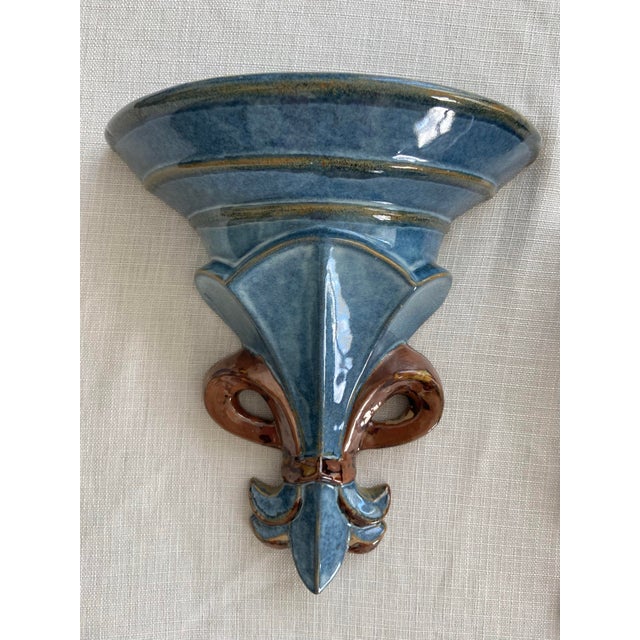 Vintage Ceramic Wall Brackets Sconces Fleur-De-Lis Blue and Brown Glazed – A Pair For Sale - Image 4 of 8