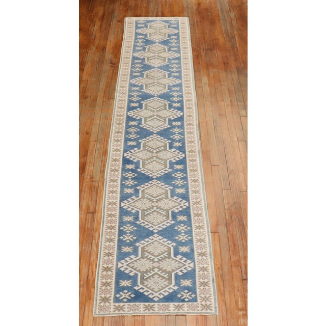 Turkish Vintage Denim Blue Geometric Turkish Runner - 2'4" x 11'10" For Sale - Image 3 of 9