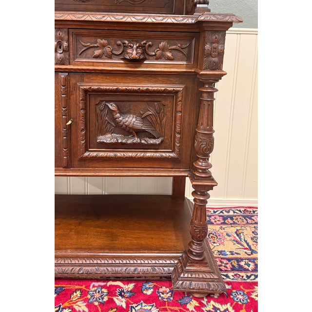 Antique French Renaissance Revival Hunt Buffet Server Sideboard Dark Oak 19c For Sale - Image 11 of 17
