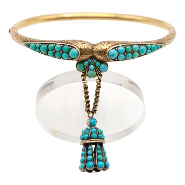 Late 19th Century Victorian 18k Yellow Gold Turquoise Charm Bangle For Sale