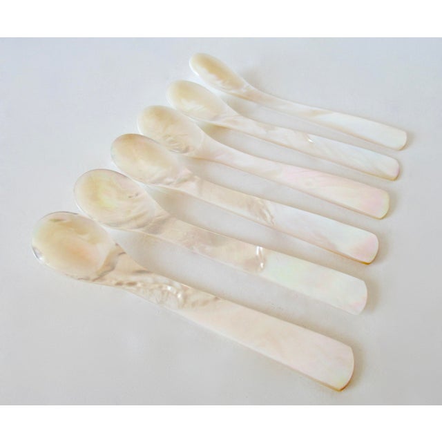Cream 1970s Mother of Pearl Hand-Honed and Carved Individual, Caviar Serving Spoons -Set of 6 For Sale - Image 8 of 14