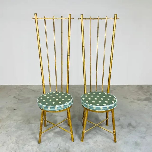 Hollywood Regency Vintage Pair of Hollywood Regency Gold Gilt Metal Faux Bamboo High Back Chairs For Sale - Image 3 of 10