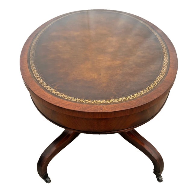 Weiman Vintage Weiman Mahogany Oval Coffee Table Brown Tooled Leather Top Federal Style For Sale - Image 4 of 14