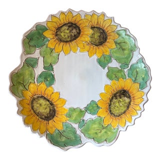 Vintage 13.5” Italian Sunflower Incised, Glazed Handpainted Terracotta Platter For Sale