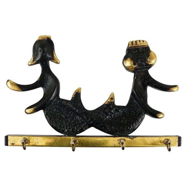 Brass Key Hanger Sea God and Mermaid by Walter Bosse for Herta Baller, Austria, 1950s For Sale