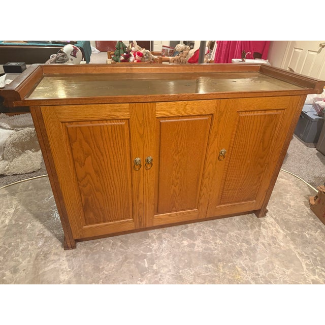 American Pulaski Oak Bar With Brass Top and Foot Rail, Griffin Carvings, Plus Custom Inset Oak Doors, Attributed For Sale - Image 3 of 13
