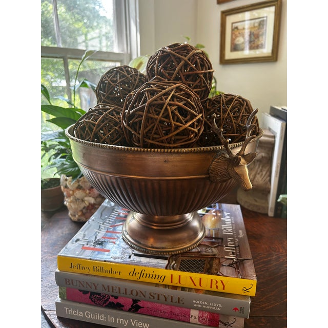 Vintage Antique Finish Brass 12.5” Pedestal Centerpiece Bowl With Stag Deer Head Handles For Sale In New Orleans - Image 6 of 11