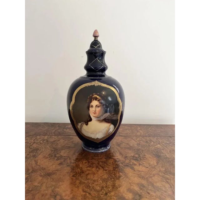 Pair of quality antique Victorian porcelain hand painted lidded vases in wonderful blue and gold coloured porcelain with...