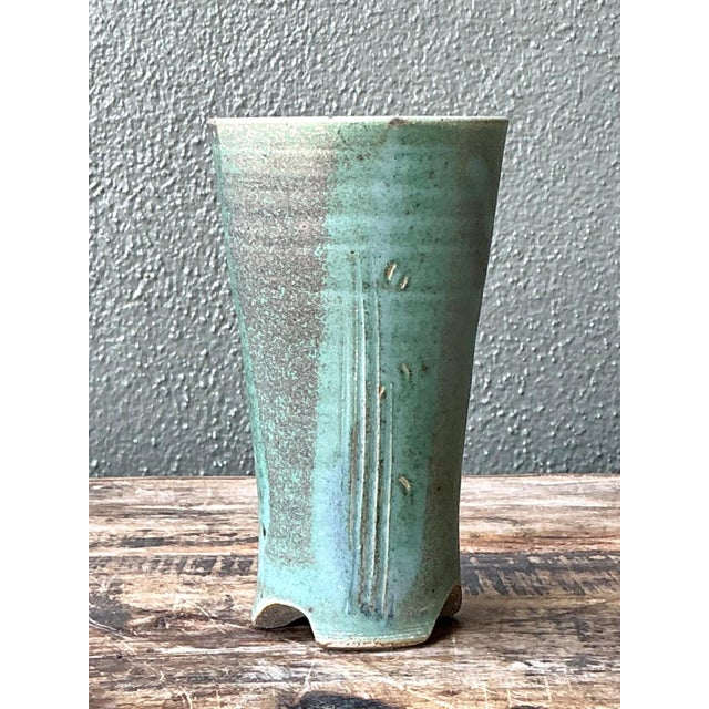 Mid-Century Modern Vintage Studio Pottery Green Vase For Sale - Image 3 of 13
