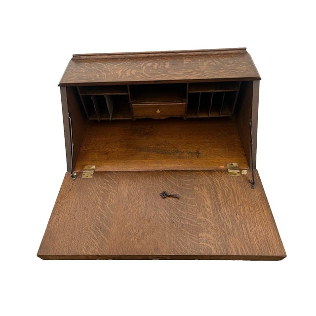 Brown Antique English Secretary Desk, Locking Door, Three Bottom Drawers Tiger Oak For Sale - Image 8 of 13