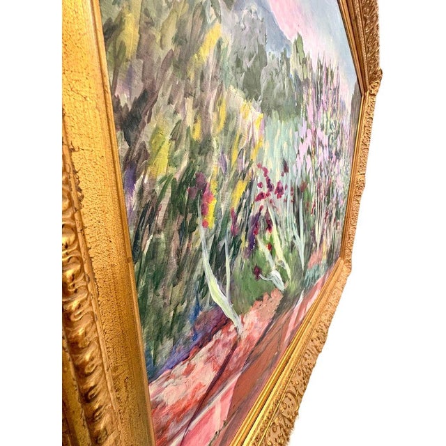 Large Impressionist Garden Landscape Oil Painting in Ornate Gilt Frame by P. M. Overton For Sale In Raleigh - Image 6 of 14