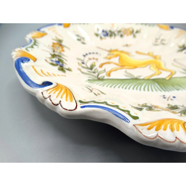French Provincial Antique French Moustiers Large Plate With Unicorn Hand Painted For Sale - Image 3 of 12