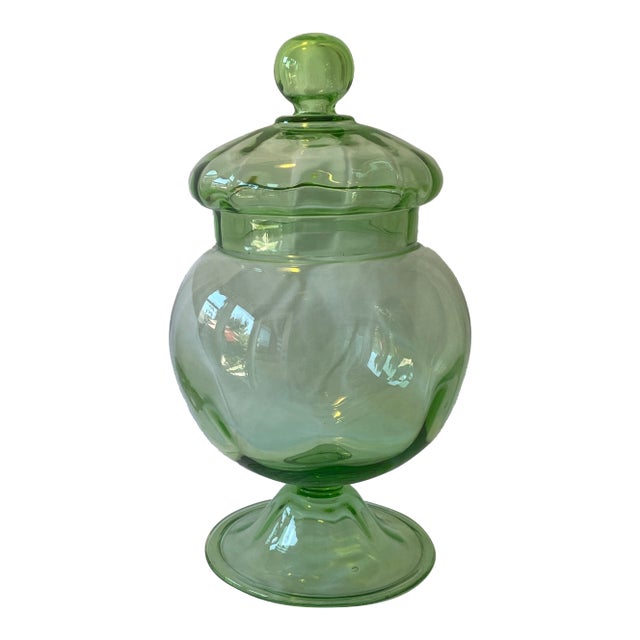 Hand Blown Vintage Green Lidded Apothecary Jar For Sale