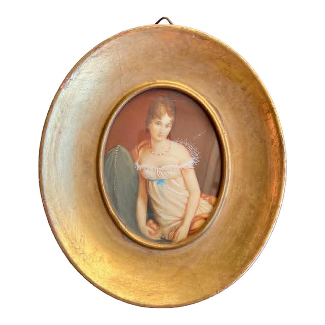 Antique/ Vintage Miniature Italian Signed Hand Painted Portrait, Lady in Nightgown With Gilded Wooden Frame For Sale