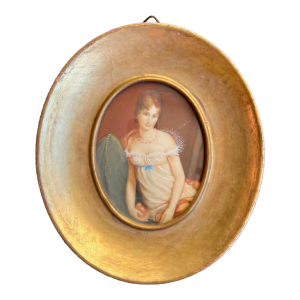 Antique/ Vintage Miniature Italian Signed Hand Painted Portrait, Lady in Nightgown With Gilded Wooden Frame