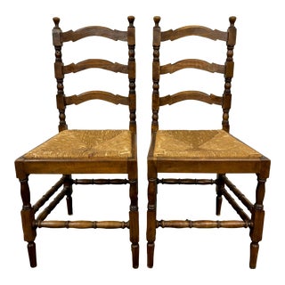 Vintage French Country Ladder Back Rush Seat Chairs - Pair For Sale